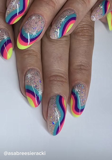 Bright Sparkle Nails, Bright Classy Summer Nails, Rainbow Nails Sparkle, Bright Abstract Nails, Rainbow Sparkly Nails, Rainbow Diamond Nails, Trippy Rainbow Nails, Lisa Frank Inspired Acrylic Nails, Rainbow Nail Art Designs