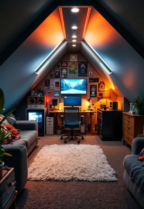 Small attic room ideas Attic Man Cave Ideas Small Spaces, Low Ceiling Storage Ideas, Attic Ceiling Design, Game Room Attic, Low Ceiling Attic Living Room, Attic Office Ideas Low Ceiling, Pull Down Attic Stairs Ideas, Attic Lighting Ideas Low Ceilings, Attic Room Design Ideas