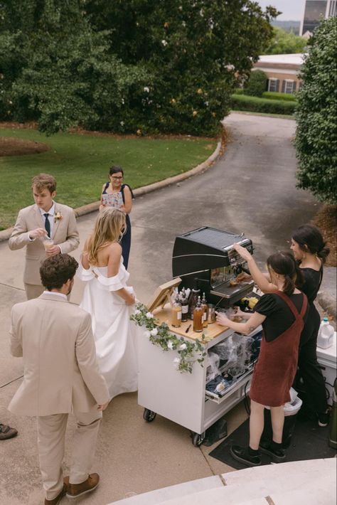 Wedding coffee cart catering. Signature drinks for the bride and groom so they get to enjoy their favorite lattés! 🤍 Coffee catering for weddings Barista At Wedding, Wedding Coffee Catering, Coffee At Wedding Receptions, Wedding Barista Bar, Coffee Catering Ideas, Coffee Cart For Wedding, Affogato Bar Wedding, Coffee Cart At Wedding, Coffee Truck Wedding