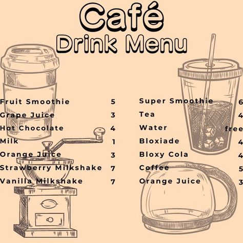 Drink Menu Bloxburg, Bloxburg Drink Menu Codes, Bloxburg House Layouts Cafe, Bloxburg Drinks Menu Decal, Bloxburg Coffee Decal Codes, Bloxburg Cafe Clothes Codes, Diner Bloxburg Codes, Bloxburg Coffee Shop Layout, Bloxburg Cafe Menu Decals Codes