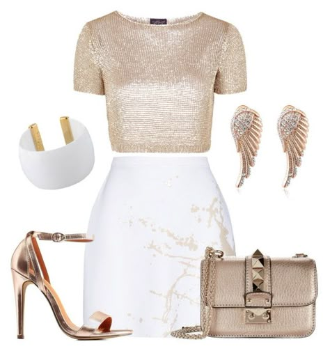 Rose Gold & White by dztyle on Polyvore featuring polyvore, fashion, style, Topshop, Zimmermann, Charlotte Russe, Valentino, Gogo Philip, women's clothing, women's fashion, women, female, woman, misses and juniors Rose Gold Outfit, White And Gold Outfits, Rose Gold Clothes, Looks Pinterest, Outfit Trends, Dressy Outfits, Girls Fashion Clothes, Looks Chic, Fancy Outfits