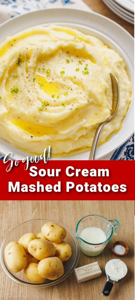 Sour Cream Mashed Potatoes are filled with richness and flavor, especially when topped with butter and fresh chives. This easy potato side dish is sure to be requested again and again. Mashed Potato With Sour Cream, Russian Mashed Potatoes, Best Mashed Potatoes With Sour Cream, Mashed Potatoes With Sour Cream Recipe, Mashed Potatoes Recipe With Sour Cream, Creamy Mashed Potatoes With Sour Cream, Easy Creamy Mashed Potatoes, Homemade Mashed Potatoes With Sour Cream, Garlic Sour Cream Mashed Potatoes