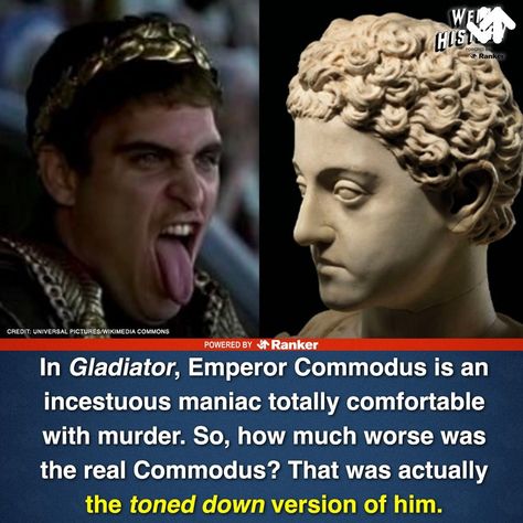 You likely know the name Commodus as the bad guy from Gladiator, the Best Picture winner from 2000. Played as a pervy psychotic by Joaquin Phoenix, Emperor Commodus is portrayed as a man with insecurities motivating his actions. And while that may be an accurate, historical understanding of the emperor's persona, there's a lot more to Commodus’ biography than the made-up bits starring Russell Cro... #commodus #gladiator #romanemperor #historicaltruth #ancientrome #insanity #overthetop #bioreveal The Gladiator, Commodus Gladiator, Joaquin Phoenix Commodus, Joaquin Phoenix Gladiator, Emperor Nefarious, Emperor Commodus, Caligula Roman Emperor, Vespasian Roman Emperor, Gladiator 2000