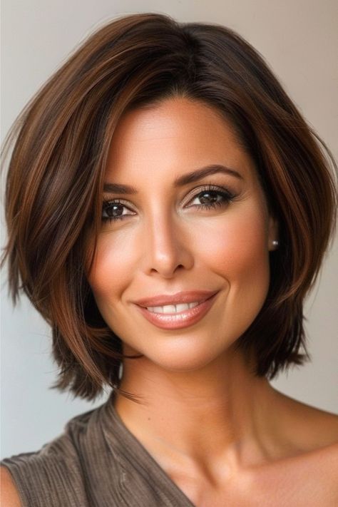 A layered bob with a side part is a versatile, flattering cut for any occasion. The strategic layering adds volume and texture, while the side part creates a soft, feminine touch. Click here to see more stunning bob haircuts for women over 50. Haircut Black Hair, Bob Haircut Black Hair, Layered Haircuts For Medium Hair, Short Brown Hair, Bob Haircuts For Women, Haircuts For Medium Hair, Haircuts For Women, Bob Haircut, Bob Haircuts