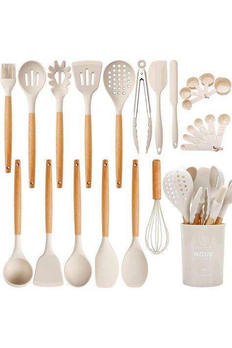 Cream Kitchen Accessories, Kitchen Utensils Set, Kitchen Cookware Sets, Cream Kitchen, Silicone Kitchen Utensils, Silicon Utensils, Utensils Set, Kitchen Cooking Utensils, Cooking Utensils Set