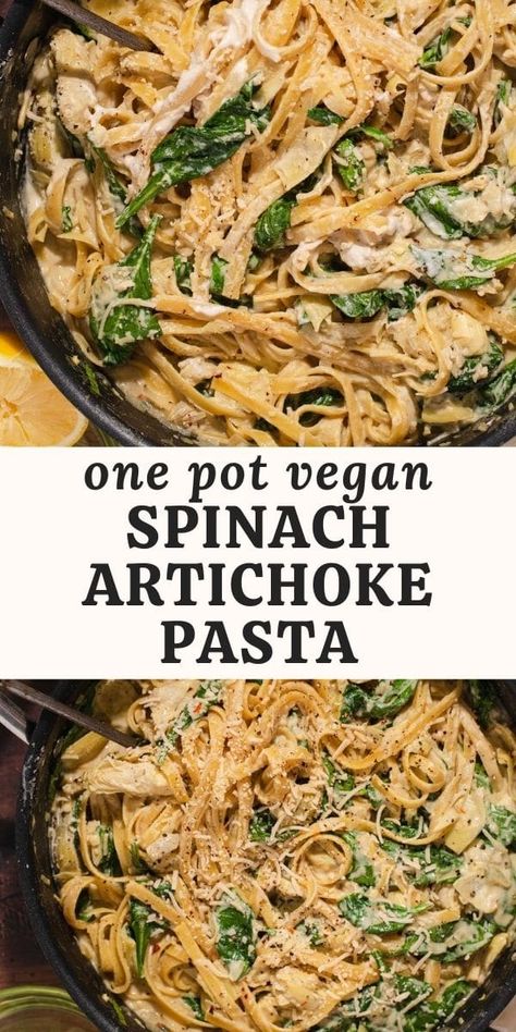 This creamy vegan spinach artichoke pasta is perfect for weeknight dinners because it's made in one pot in less than 30 minutes! It's uses cashew cream and lemon zest to make a rich and zesty dairy-free cream sauce. Gluten Free Spinach Pasta, Vegan Spinach Pasta Sauce, Vegan Spinach Pasta Recipes, Vegan Creamy Lemon Pasta, Vegetarian Pesto Pasta, Spinach Artichoke Pasta Vegan, Vegan Stuffed Shells, Spinach Artichoke Pasta, Creamy Vegan Pasta