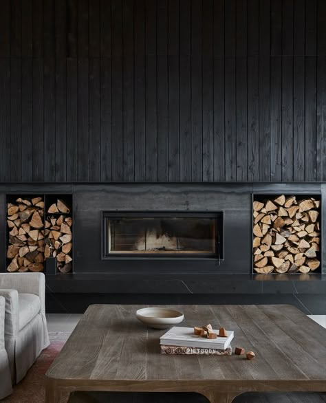 Black Fireplace Surround, Lauren Miller, Black Fireplace, Interior Work, Black Tiles, Modern Barn, Spring Baby, Brick Fireplace, Fireplace Wall