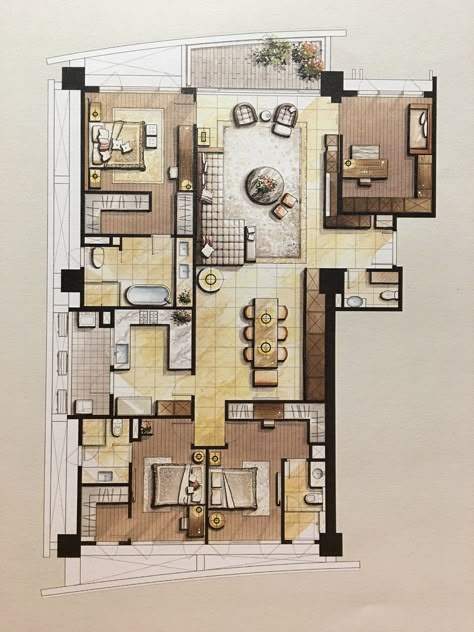 Interior Architecture Sketch, Interior Design Sketchbook, Rendered Floor Plan, Architecture Blueprints, Architecture Design Process, Metric Units, Architecture Drawing Plan, Interior Design Renderings, Interior Architecture Drawing