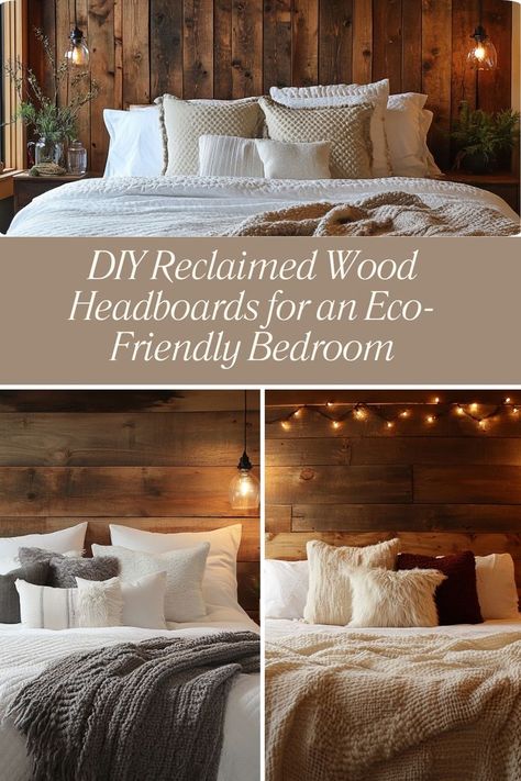 Create a stunning headboard using reclaimed wood for a rustic and eco-friendly bedroom. #ReclaimedWood #DIYHeadboard #EcoFriendlyBedroom Pallet Bed Inspiration, Butcher Block Headboard, Homemade Wooden Headboards, Diy Farmhouse Headboard Queen, Headboard To Ceiling, Diy Wood Headboard King, Wood Wall Headboard, Fake Headboard Ideas, Fake Headboard