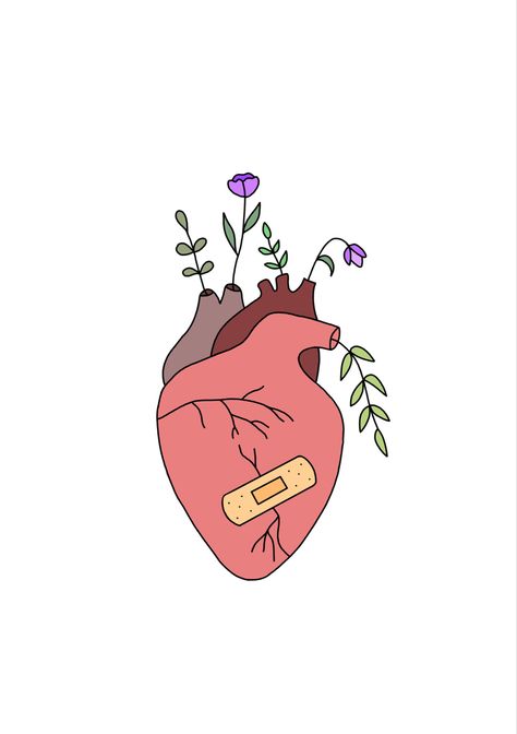 Broken Hearted Painting Ideas, Anatomical Heart Aesthetic, Heart Painting Aesthetic, Heart Drawing Easy, Heart Drawing Aesthetic, Anatomical Heart Illustration, Drawing With Flowers, Anatomical Heart Drawing, Drawings With Meaning