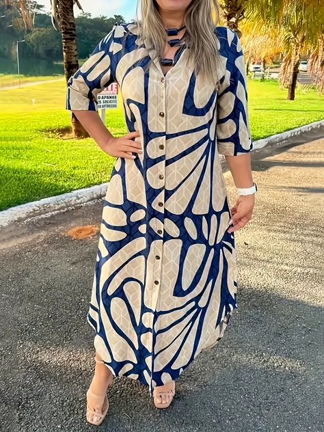 Mode Prints, Button Front Shirt Dress, Cotton Blends Dress, Loose Fitting Dresses, Printed Shirt Dress, Style Maxi Dress, Types Of Dresses, Dress Size Chart, Print Shirt