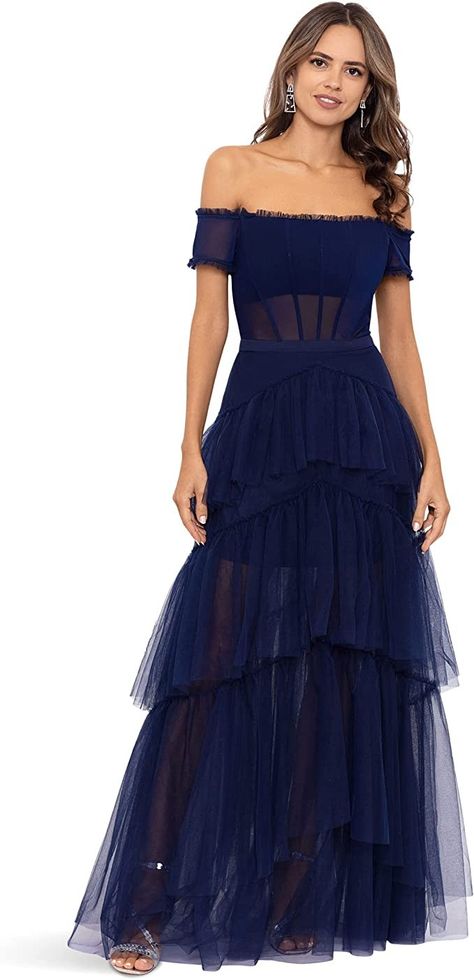 Betsy & Adam Over-The-Shoulder Tiered Mesh #Gown Wedding Guest Dresses Long, Ruffle Prom Dress, Formal Wedding Guest Dress, Formal Wedding Guests, Mesh Gown, Step Dance, Corset Bodice, Whimsical Design, Grand Entrance