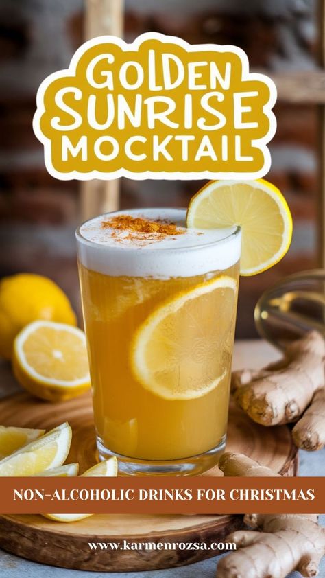 Golden Sunrise Mocktail-Non-alcoholic drinks for winter. Easy, 5-minute drinks recipes. Cheers to the holidays with these delicious mocktails for winter! These non-alcoholic drinks are perfect for everything from Christmas brunch to New Year's Eve toasts. Keep it festive and fun with these golden mocktail recipes. Shrub Mocktail Recipe, Ginger Ale Mocktail Non Alcoholic, German Non Alcoholic Drinks, Ginger Ale Drinks Non Alcoholic, Mango Mule Mocktail, Ritual Non Alcoholic Recipes, Sunrise Mocktail Recipe, Breakfast Mocktail Recipe, Delicious Mocktails Non Alcoholic