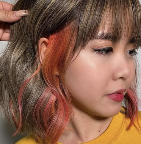 Pop of colour/ colour strip Colour Ends Of Hair, Stripe Of Color In Hair, Pop Of Colour Hair, Pop Of Color Hair Hidden, Dyed Strip Of Hair, Hidden Pops Of Color In Hair, Pop Of Color In Brown Hair, Strip Of Color In Hair, Brunette Color Blocking