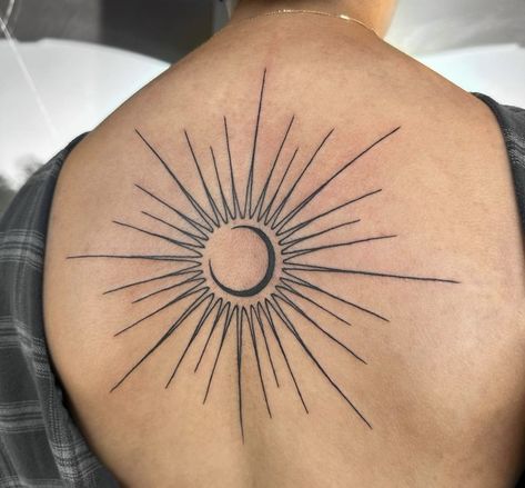 Sun Tattoo Hip, Sun Back Tattoo, Sun Shoulder Tattoo, Greek Symbol Tattoo, Shine Tattoo, Trippy Tattoo, Celestial Tattoo, Moon Shine, Minimal Tattoo Design