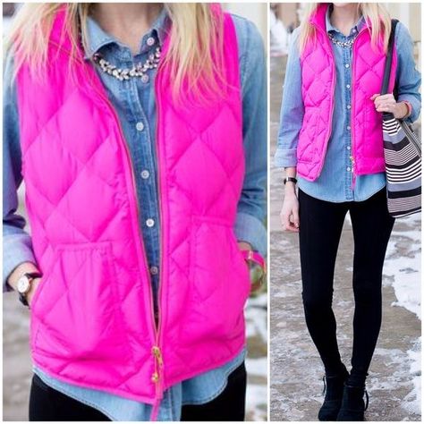 Pink Puffer Vest Outfit, Pink Vest Outfit, Vest Outfit Ideas, Pink Puffer Vest, 70’s Outfit, Puffer Vest Outfit, Vest Outfits For Women, Preppy Wardrobe, Kelly In The City