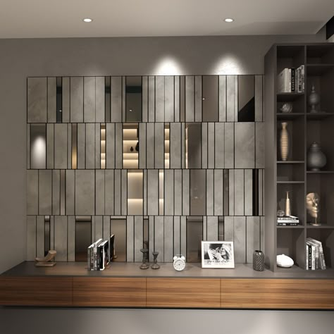 Mirror Accent Wall, Mirror Panelling, Mirror Panel Wall, Mirror Wall Panel, Wall Cladding Designs, Modern Wall Paneling, Metal Wall Panel, Cladding Design, Metal Cladding