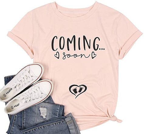 Coming Soon Shirt Women Pregnancy Announcement T Shirt Funny Short Sleeve Top Tee Mom to Be Shirt Pink New Dad Survival Kit, T Shirt For Pregnant Women, Cute Maternity Graphic Print T-shirt, Affordable Women's T-shirt For Pregnancy Announcement, Casual Maternity T-shirt With Funny Text, Maternity T-shirt With Funny Text, Positive Pregnancy Test, Creative Pregnancy Announcement, Pregnancy Announcement To Husband