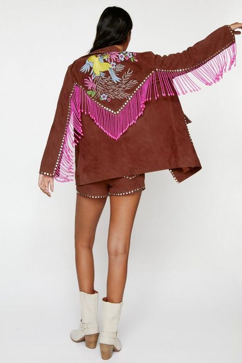 Spring Long Sleeve Fringe Outerwear, Pink Fringe Jacket, Pink Fringe Cowgirl Jacket, Home Clothes Women, Long Sleeve Knit Outerwear With Fringe, Brown Long-sleeve Fringe Outerwear, Spring Break Outfit, Country Concert Outfit, Fringe Jacket