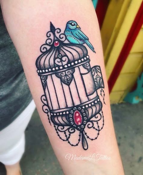 Birdcage tattoo Gothic Birdcage Tattoo, Vintage Birdcage Tattoo, Open Birdcage Tattoo, Bird Cage Tattoos For Women, Birdhouse Tattoo Ideas, Caged Bird Tattoo, Birdhouse Tattoo, Parrot Tattoos, Bird Cage Tattoo