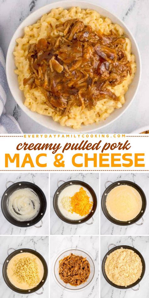 All you need is this Creamy Pulled Pork Mac and Cheese Recipe for the best comfort food! A pasta dinner recipe made with leftover pulled pork, macaroni noodles, cheddar cheese, mozzarella cheese, and barbecue sauce. It's easy to make and perfect for a winter dish. Enjoy! Macaroni And Cheese With Pulled Pork, Pulled Chicken Mac And Cheese, Mac And Cheese With Pulled Pork, Pulled Pork Mac And Cheese Crockpot, Pulled Pork Noodles, Pulled Pork Pasta Recipes, Mac And Cheese Pulled Pork, Pork Mac And Cheese Recipe, Homemade Chili Mac