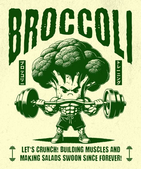 🥦💪 Eat your broccoli!  ✨ Retro vibes by Ilustrata Studio.  __ #kittl #kittldesign #broccoli #fitness #tshirtdesign #typography #designsoftware #graphicdesign #retro #mascot #designinspiration Ilustrata Studio, Fitness Tshirt Design Gym, Cartoon Fitness Art, Gym Art Design, Gym Animation, Gym Graphic Design, Gym Shirt Design, Broccoli Cartoon, Crossfit Art