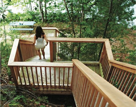 Steep Lakeside Steps, Backyard Hillside Landscaping, Deck On Hillside, Lake Stairs, Backyard Stairs, Diy Floating Deck, Steep Hillside Landscaping, Landscaping Deck, Hillside Deck