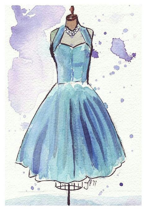 Acuarela Dress Watercolor, Painting Fashion, Chiffon Party Dress, Watercolor Dress, Dress Painting, Fashion Illustration Vintage, Fashion Illustration Dresses, Dress Drawing, Illustration Vintage