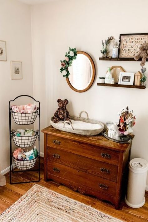 BABY DRESSER ORGANIZATION (3) Mirror And Shelves Nursery, Old House Nursery, Nursery Antique Dresser, Country Vintage Nursery, Changing Pads On Dresser, Old Timey Nursery, Mix And Match Nursery Furniture, Nursery Basket Storage, Antique Dresser In Nursery