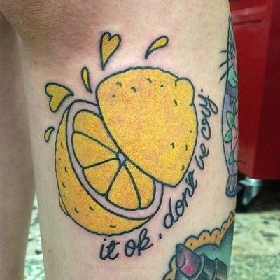 30 Rock Traditional Tattoo Artwork, Lemon Tattoo, Random Tattoos, Fruit Tattoo, Rock Tattoo, Food Tattoos, 30 Rock, New School Tattoo, Body Modification