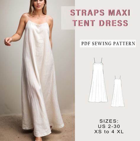 Simple Maxi Dress Pattern, Sewing Pattern Nightgown, Milkmaid Dress Sewing Pattern, Empire Dress Pattern, Strap Dress Pattern, White Flowy Maxi Dress, Easy Dress Pattern, Summer Dress Sewing Pattern, Summer Dress Sewing