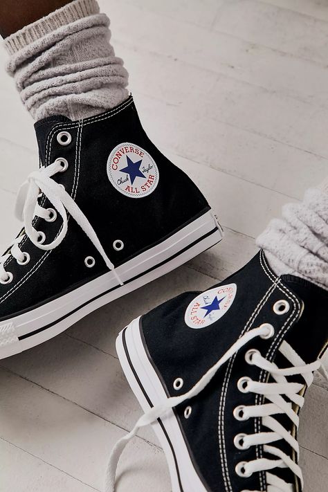 Chuck Taylor All Star Hi Top Converse Sneakers | Free People Hi Top Converse, High Top Chucks, Hi Top Sneakers, Pretty Shoes Sneakers, Shoes Outfit Fashion, All Stars Converse, Black Leather Sneakers, Cute Nike Shoes, Cute Nikes