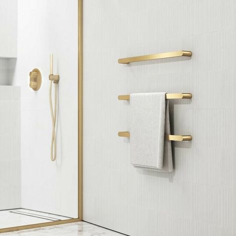 Gold Towel Bar, Gold Bathroom Fixtures, Bathroom View, Golden Interior, Gold Taps, Modern Bathroom Accessories, Bathroom Towel Rails, Gold Bathroom Accessories, Bathroom Accessories Luxury