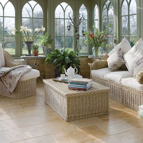 Classic living room: Conservatory    Traditional English willow furniture creates a timeless look in a living room conservatory and complements classical features such as arched windows and open brickwork while also maintaining an informal garden feel. Ad Orangery Interior, Conservatory Interiors, Conservatory Flooring, Conservatory Interior, Conservatory Decor, Willow Furniture, Conservatory Furniture, Hill Interiors, Classic Living Room