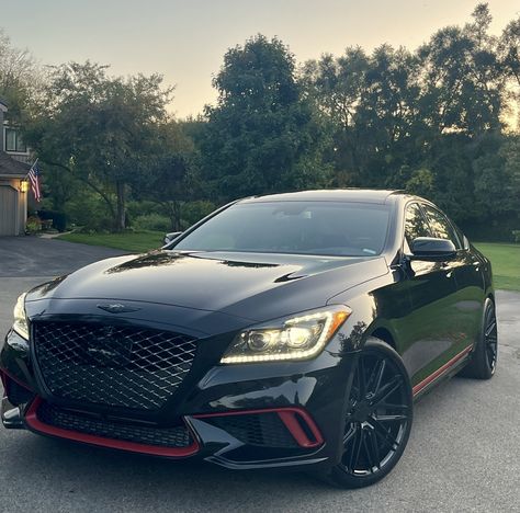 "Black Pearl"  - 20 inch wheels; AD SW900 Matte Metallic Garnett Red vinyl wrap on bottom trim; 3M Gloss Black vinyl on window & grill trim; black carbon emblems Genesis Car Aesthetic, Genesis Car G80, G70 Genesis, Genesis G80 Sport, Genesis Car, Genesis Gv70, Car Manufacturing, Vision 2023, Genesis G70