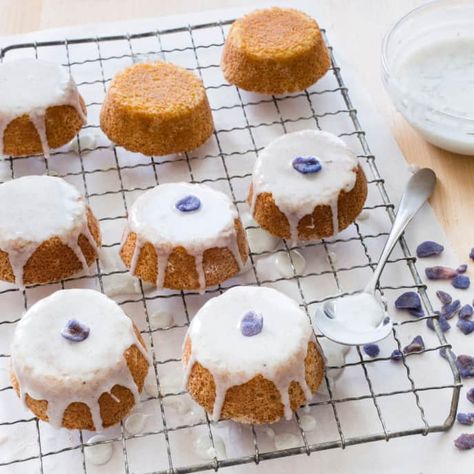 Lavender Tea Cakes | America's Test Kitchen Lavender Tea Bread Recipe, Lavender Tea Cake, Lavender Earl Grey Scones, Lavender Mint Tea, Vanilla Bean Recipes, Earlgrey Tea Cake, Lemon Tea Cake, Patisserie Cake, Caramel Chocolate Bar