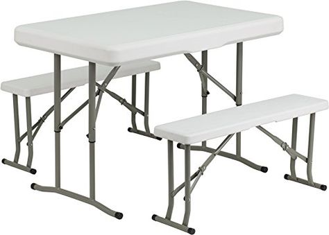 Plastic Folding Table and Benches * Check out the image by visiting the link. (This is an Amazon Affiliate link and I receive a commission for the sales) Plastic Folding Table, Table And Benches, Folding Bench, Table And Bench Set, Outdoor Gadgets, 3 Piece Dining Set, Picnic Style, Camping Furniture, Bench Set