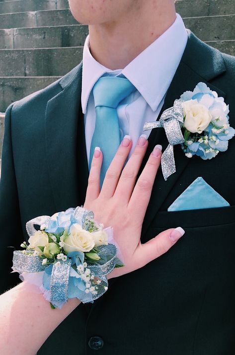 Flower Thing For Prom, Light Blue Corsage And Boutonniere Prom, Aqua Blue Corsage Prom, Hoco Corsage Blue, White Rose And Blue Hydrangea Boutonniere, Blue And White Corsage And Boutonniere, Baby Blue Corsage And Boutonniere, Light Blue And Silver Corsage, Corsage And Boutonniere Set Blue