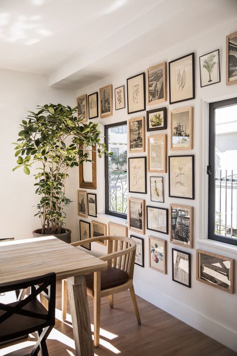 One Wall Dining Room, Gallery Wall Above Dining Table, Gallery Wall Around Mirror, Mix And Match Frames On Wall, Floor To Ceiling Art, Dining Room Frame Wall, Photo Wall Dining Room, Gallery Wall Above Desk, Wall With Frames