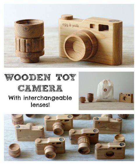 Beautiful Wooden Toy Camera with interchangeable lenses! Too cute not to share! Whittling Ideas, Wooden Camera, Kids Products, Toy Camera, Kids Wooden Toys, Natural Toys, Kid Toys, Wood Toys, Felt Toys