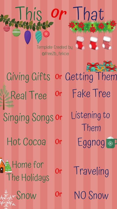 Christmas This or That @free2b_felicia | Christmas templates, Christmas party games, Christmas things to do December This Or That, This Or That Questions Christmas Edition, This Or That Holiday Edition, Facebook Christmas Games, This Or That Winter Edition, Interactive Christmas Posts Facebook, Christmas Online Games, Online Christmas Games, This Or That Questions Christmas