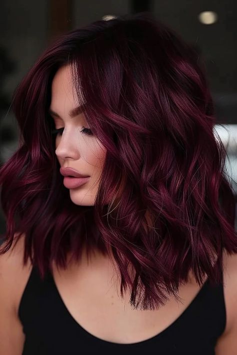 43 Burgundy Hair Ideas That Will Make You Want to Book a Salon Appointment Highlights In Burgundy Hair, Deep Red Burgundy Hair Color, Red Hair With Dark Underneath, Maroon Burgundy Hair, Dark Purple Maroon Hair, Fall Plum Hair, Dark Brown With Maroon Highlights, Mulberry Hair Color Burgundy, Wine Color Balayage