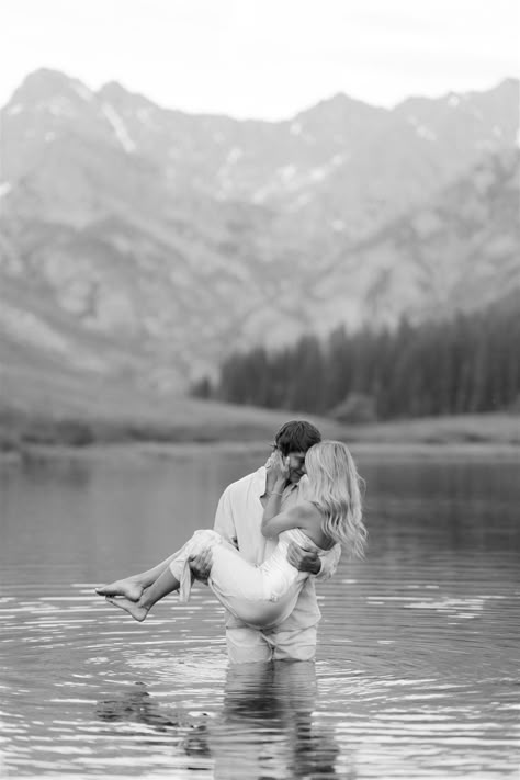 Engagement Photos In Water Rivers, Wet Engagement Photos, Lake Elopement Photos, Mountain Lake Elopement, Water Engagement Photos Lakes, Engagement Photos Lakeside, Engagement Photos River, River Couple Photoshoot, River Engagement Pictures