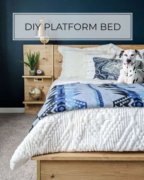 DIY Platform Bed Frame and Headboard with Built-In Nightstands King Bed Frame With Side Tables, Bed Frame Built In Side Table, Diy Bed Frame With Built In Night Stand, Headboard With Built In Side Tables, Diy Modern Bed, Platform Bed Diy, Build Bed Frame, Diy Platform Bed Frame, Platform Bed Plans