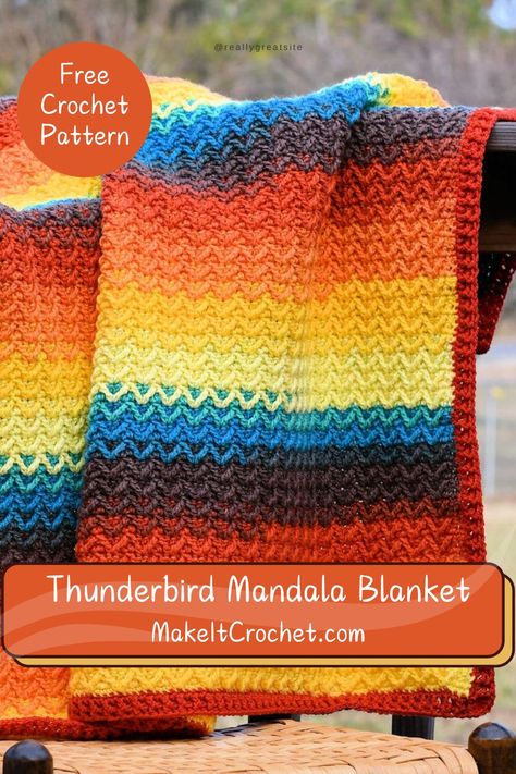 Thunderbird Mandala Blanket Free Crochet Pattern. The Thunderbird Mandala Blanket is perfectly matched for a Western-themed room, in any size project from baby to adult. Find your favorite Mandala colorway for even more cozy themes. Native Crochet, Native American Crochet Patterns, Western Crochet, Mandala Blanket, Crochet Pattern Instructions, Indian Blankets, Alpaca Blanket, Crochet Things, Afghan Crochet