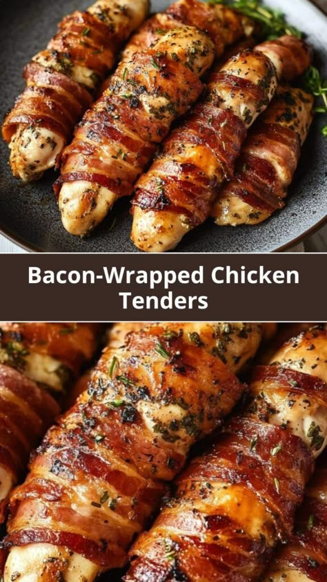 These Bacon-Wrapped Chicken Tenders are a mouthwatering combination of juicy chicken and crispy bacon, seasoned with a perfect blend of spices and topped with a sweet and smoky brown sugar and chili powder mixture. This easy recipe is ideal for weeknight dinners, appetizers, or game day snacks. With a balance of savory and sweet flavors, these chicken tenders will quickly become a family favorite. Whether baked in the oven or smoked for extra flavor, these bacon-wrapped chicken tenders are guaranteed to be a hit at any gathering. Low-carb, keto-friendly, and packed with flavor, they make a great addition to your meal prep rotation or as a delicious treat for your next party! Bacon Wrapped Chicken Tenders Oven, Bacon Wrapped Chicken Tenders With Brown Sugar, Bacon Chicken Wrap, Bacon Wrapped Chicken Breast Oven, Bacon Wrapped Chicken Tenderloins, Chicken Tender Recipes Oven, Bacon Wrapped Chicken Oven, Bacon Wrap Chicken, Healthy Chicken Tenderloin Recipes