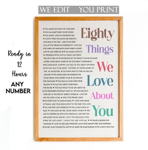 80 Reasons We Love You, 80 Things We Love About You, Wedding Gift For Mom, 80th Anniversary, Birthday Gift For Women, When You Smile, Cheer Me Up, Love My Family, Women Birthday