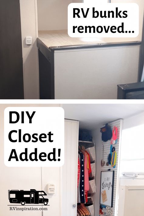 Converting RV bunks to a closet - how to add a closet to an RV that doesn't have one | rvinspiration.com #RVstorageideas #RVcloset #StoringClothesInAnRV #CamperStorage Camper Closet Storage Ideas, Camper Clothes Storage Ideas, Clothes Storage Ideas, Rv Bunk Beds, Rv Design, Rv Renovation, Camper Storage, Rv Storage, Rv Renovations