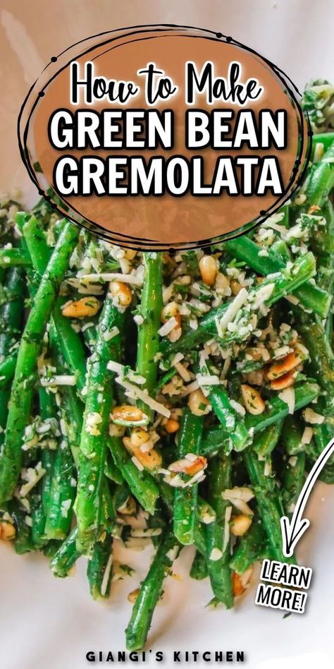 Green bean gremolata is a classic Italian side that pairs well with any main course to make a filling lunch or dinner. This vegetable side is made with string beans, garlic, lemon zest, parsley, parmesan cheese, pine nuts, olive oil, and lemon juice. Green bean gremolata is a must-try for all Italian food lovers. Try this easy recipe today! Green Bean Gremolata, Green Beans Gremolata, Gremolata Recipe, Italian Green Beans, Easy Green Beans, String Beans, Italian Side, Garlic Green Beans, Filling Lunch