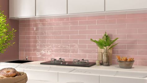 Edge Pink Wave Subway Tiles Pink Subway Tile Backsplash, Pink Tile Splashback, Pink Kitchen Splashback Tiles, Pink Kitchen Wall Tiles, Pastel Subway Tile, Pink Subway Tile Kitchen, Light Pink Backsplash Kitchen, Kitchen With Pink Tiles, Pink Backsplash Kitchen Tile